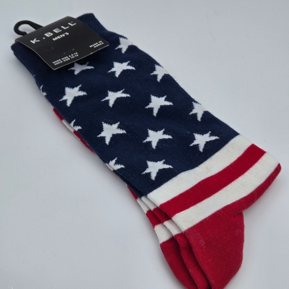 K. Bell Socks Men 10-13 Patriotic Red White Blue Stars Stripes Cotton Blend NEW